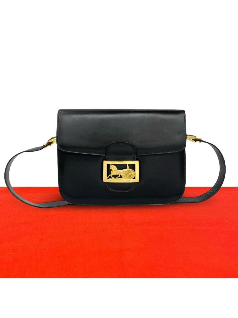 Celine Vintage Carriage Leather Shoulder Bag Pochette Black
